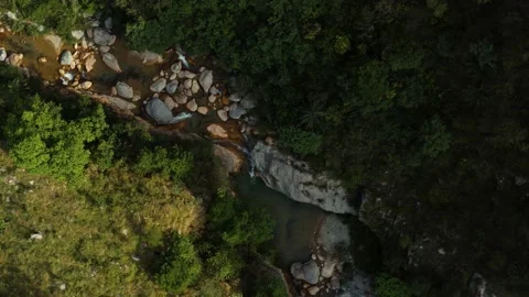 Top-down aerial view of a river flowing trough the rocks Stock Footage 172059783