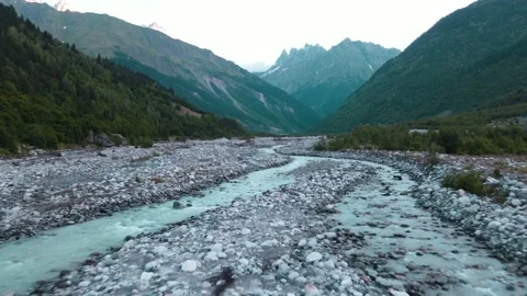 Top down aerial view of river flowing, Mestia, Georgia. Stock Footage 214332331