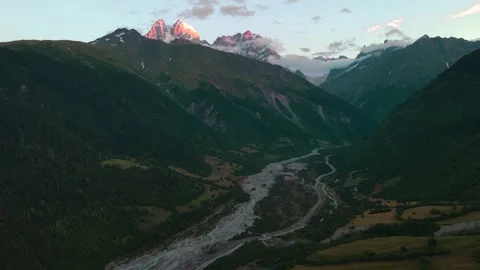 Top down aerial view of river flowing, Mestia, Georgia. Stock Footage 214333056