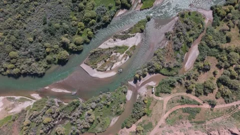 Top-down aerial view of river islands and channels, Kok-Moinok, Kyrgyzstan Stock Footage 347239810