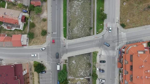 Top down aerial view of riverbed and streets in Bansko, Bulgaria Stock Footage 343642141