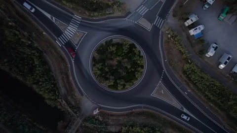 Top-down aerial view of a roundabout and camper parking near Sète, France Video stock 339585287