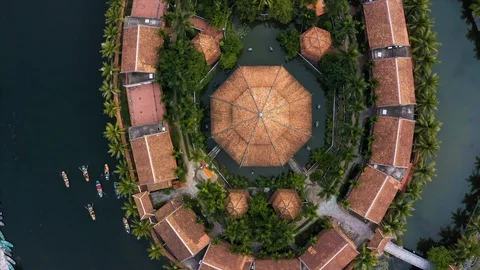 Top down aerial view of rowing boats taking tourists around sights of Ninh Binh Video stock 125527114