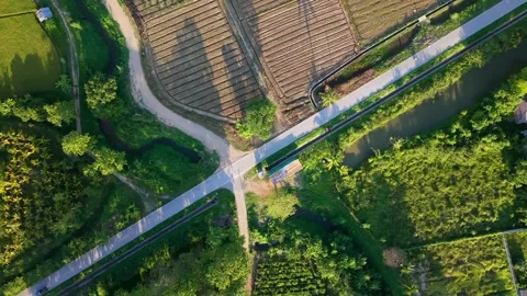 Top down aerial view of rural crossroads and plowed fields at sunset Stock Footage 335129249