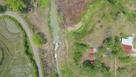 Top Down Aerial View of Rural Road and River Stock Footage 346428065