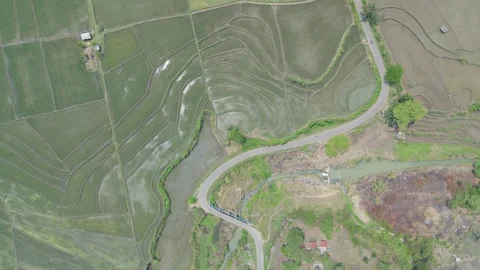 Top Down Aerial View of Rural Road and River Stock Footage 346428326