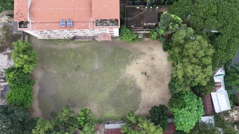 Top down aerial view of a school building with a playground and green trees Stock Footage 341520369