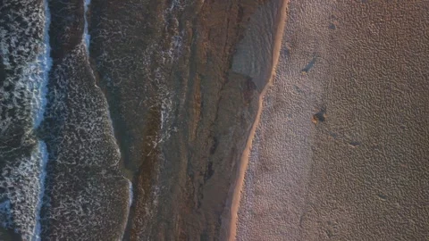 Top down aerial view of sea waves and sandy beach at sunrise in Crete Greece Stock Footage 337405002