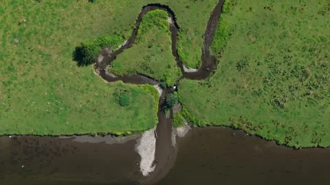 Top down aerial view of Semois river oxbow lake or meander in lush landscape Stock Footage 317529044