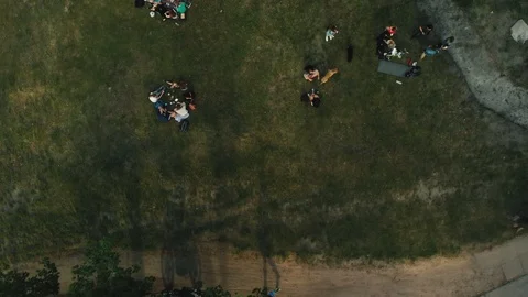 Top down aerial view several groups of people resting in summer park Video stock 108420622