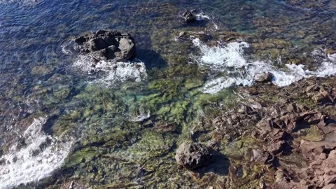 Top Down Aerial View of Shallow Water and Rocky Reef in Manazuru Japan Stock Footage 344748248