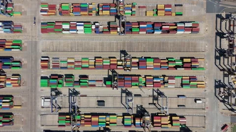Top down aerial view shipping containers port import export England UK Stock Footage 317322768