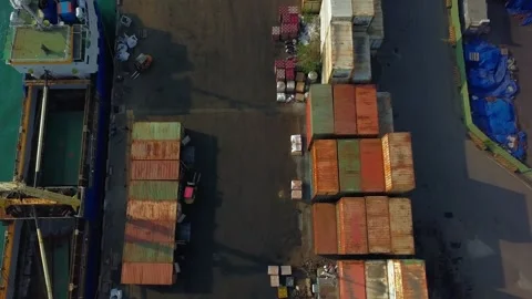 Top Down Aerial View of Shipping Containers and Industrial Yard Taiwan 4K Stock Footage 345497347