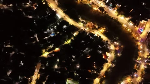 Top Down Aerial View of Siem Reap River and Lit Streets at Night, Cambodia Stock-Footage 347318618