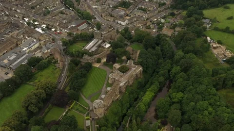 Top down aerial view of Skipton Castle in Yorkshire Stock Footage 292126013