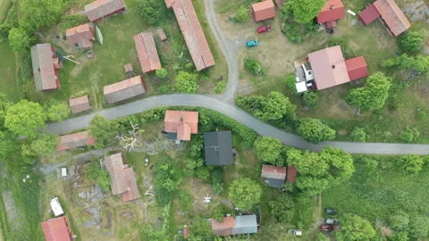 Top down aerial view of small village &amp; farmstead in rural area, Stock Footage 134317849