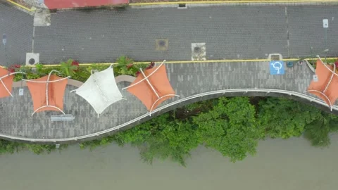 Top down aerial view of a small boulevard showing the parasols Stock Footage 146351625