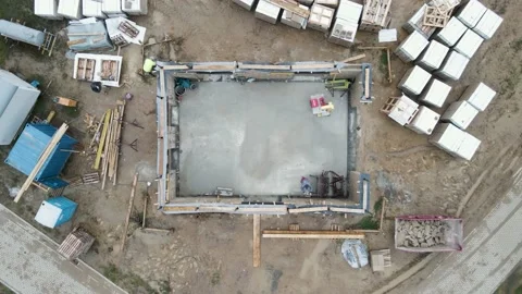 Top down aerial view of a small rectangle hempcrete construction site Stock Footage 174673157