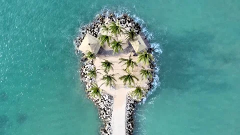 Top down aerial view of small tropical islet with palm trees and breakwater 库存影片 348545359