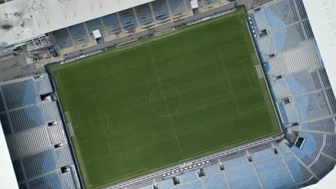 Top Down Aerial View of a Soccer Pitch in an Empty Stadium, Montreal Vidéo 336947024