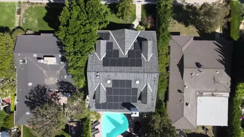 Top down aerial view, solar panels on house roof, Van Nuys, California Stock Footage 151410998