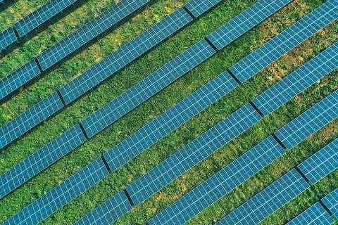 A top-down aerial view of solar panels providing energy with modern technology Stock Photos
