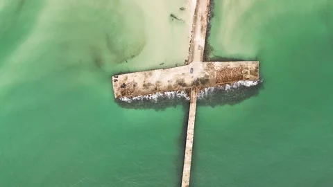 Top Down Aerial View of Stone Pier and Turquoise Water, Koh Rong Cambodia Stock-Footage 347315392