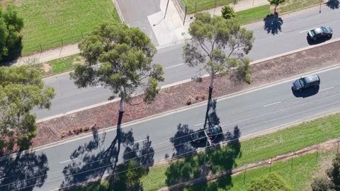 Top down aerial view of suburban road with cars and tree shadows 스톡 동영상 334922988