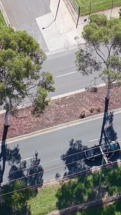 Top down aerial view of suburban road with cars and tree shadows Video stock 335002345