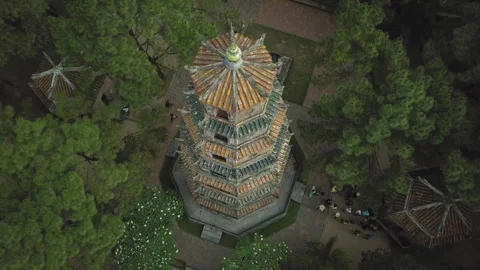 Top-down aerial view of thien mu pagoda in hue vietnam Stock Footage 329509731