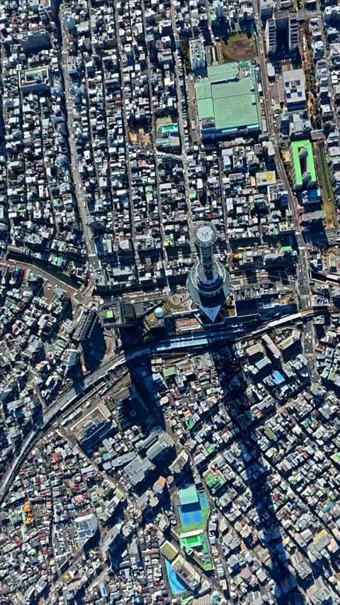 Top Down Aerial View of Tokyo Skytree and Its Shadow, Japan Stock-Footage 343806343