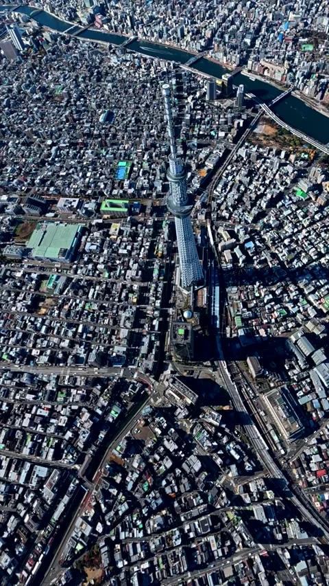 Top Down Aerial View of Tokyo Skytree Casting Long Shadow Over Tokyo, Japan Stock-Footage 343806359