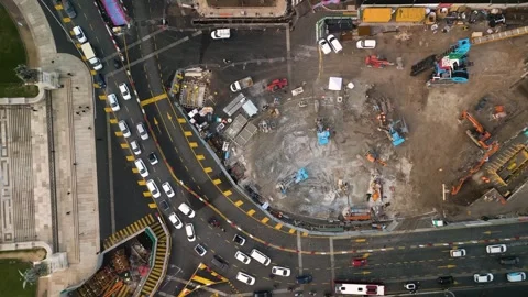 Top Down Aerial View of Traffic in Construction Zone. Ascending Drone Shot Stock Footage 265183408