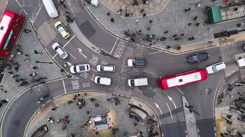 Top-down aerial view of traffic at Piccadilly Circus – July 2, 2025 London UK Video stock 328609845
