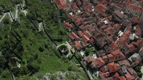 Top down aerial view trail for a walk in Kotor fortress, montenegro Video stock 232794183