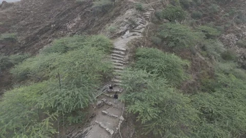 Top-Down Aerial View of Trail and Stairs to Gayatri Mata Temple, Pushkar Stock-Footage 321523146