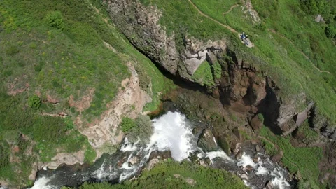 Top-down aerial view of Trchkan waterfall gorge in the Armenian highlands Stock Footage 342061193