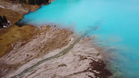 Top-Down Aerial View of Turquoise Glacial Lake and River Delta Textures Stock Footage 329177529
