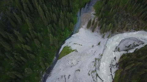 Top down aerial view of two mountain rivers merging in rocky valley with forest Vidéo 334326567