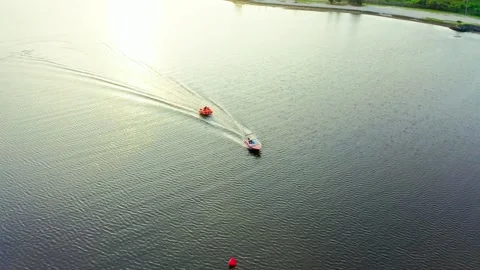 Top Down Aerial View Two Speedboats Cruising Sea Water Wake Ancol Jakarta Stock Footage 340485477
