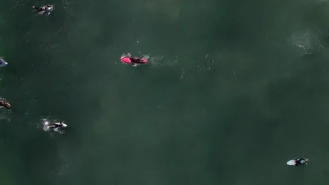 Top down aerial view of unidentifiable surfer swimming on his board on the water Stock Footage 254336689