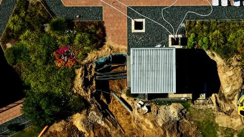 Top Down Aerial View of Utility Excavation at Freibad Elze Stock Photos