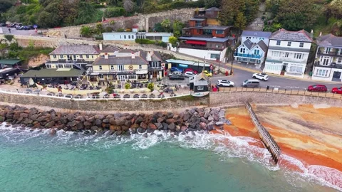 Top down aerial view of Ventnor beach and seaside town, Isle of Wight Stock Footage 337031896