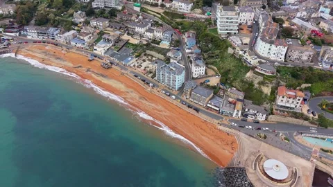 Top down aerial view of Ventnor beach and seaside town, Isle of Wight Stock Footage 337032773