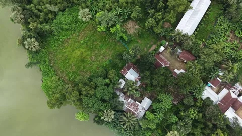 Top down aerial view of a village house with tin roof near green lake bank Stock Footage 341523015