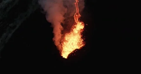 Top Down Aerial View of Volcano Crater Spilling Lava River Stock Footage 322180026