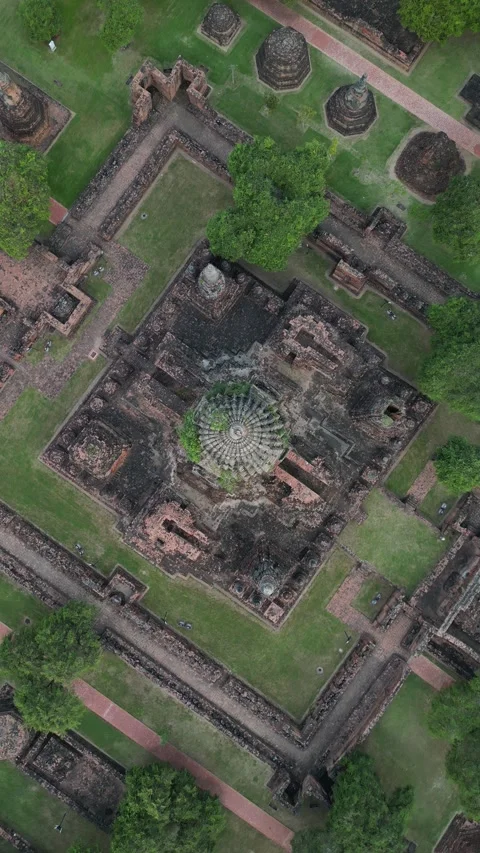 Top Down Aerial View of Wat Phra Ram Ancient Temple Ruins in Ayutthaya, Thailand Stock Footage 335586251