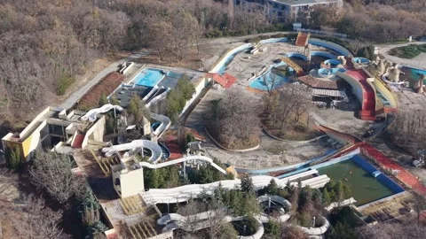 Top Down Aerial View of Water Park Slides and Walkways Stock Footage 324889748