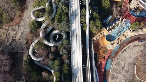 Top Down Aerial View of Water Park Slides and Walkway Stock Footage 324889766