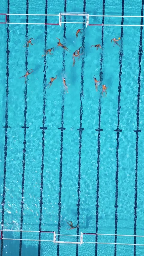 Top Down Aerial View of Water Polo Goal Scoring Attack in Swimming Pool Stock-Footage 343512345
